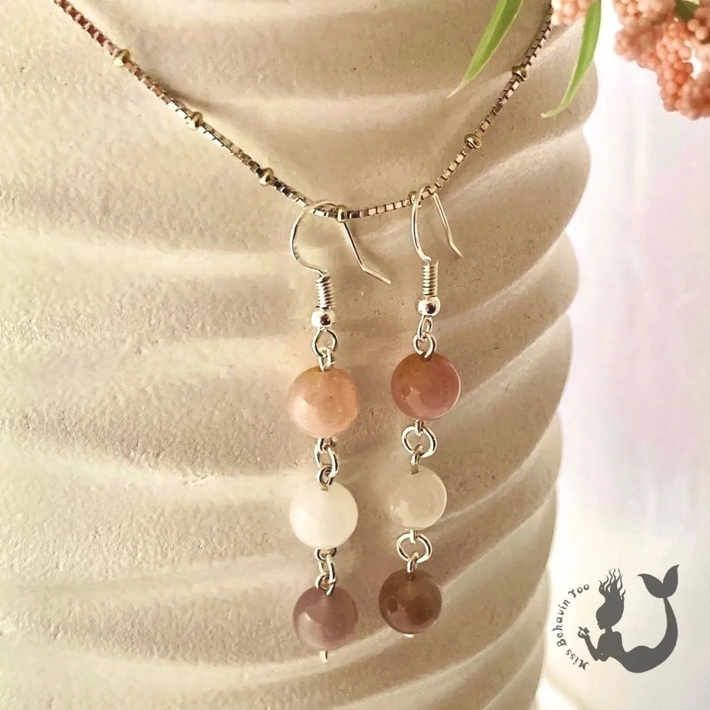 Rose Quartz and Milky White Jade Beaded Dangle Earrings - Picture 3 of 10